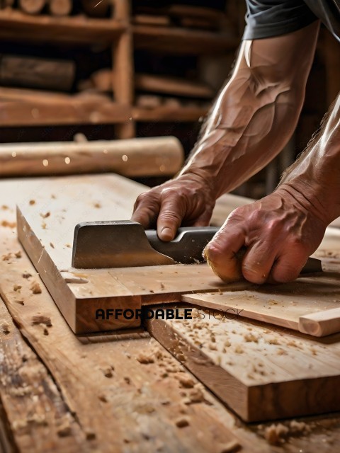 A man is using a handsaw to cut a wooden board