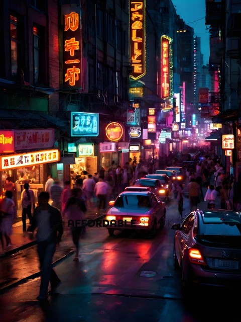 A busy city street at night with neon signs