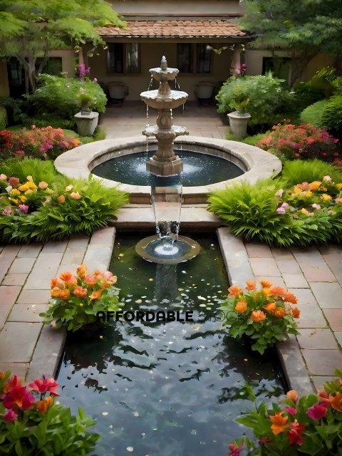 A water fountain with a garden setting