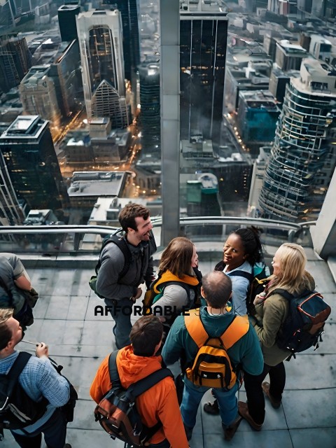 A group of people standing on a balcony looking at the city