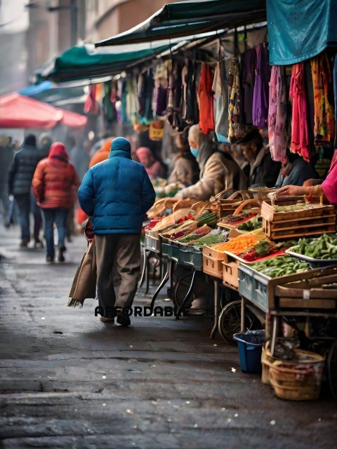 A man in a blue jacket walks past a fruit stand