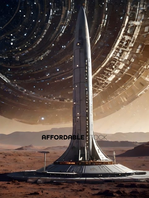 A futuristic structure with a large antennae and a large lighted dome