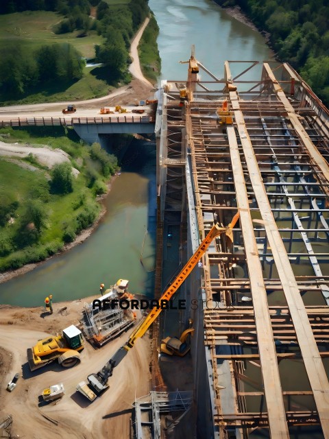 A construction site with a crane and a bridge under construction