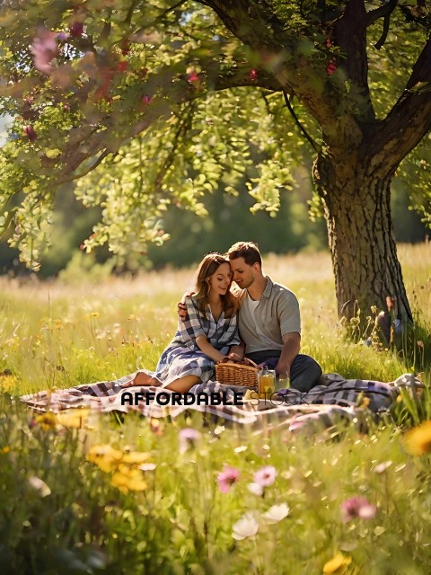 A couple sitting on a blanket in a field with a basket of food