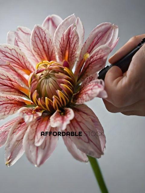 A person is holding a pen and drawing a flower