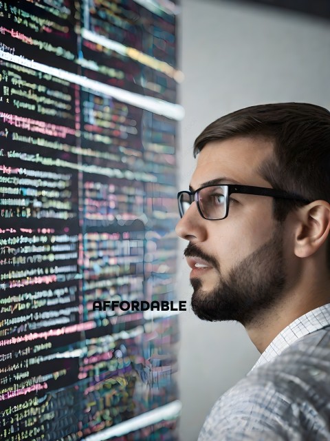 A man wearing glasses and a white shirt looking at a screen with code on it