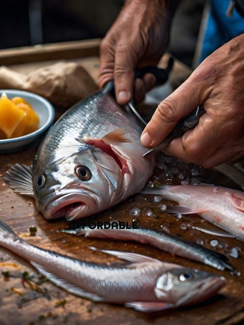 A person cutting a fish on a cutting board