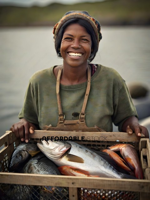 A woman holding a basket of fish