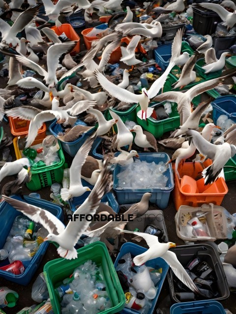 Seagulls in a trashy environment