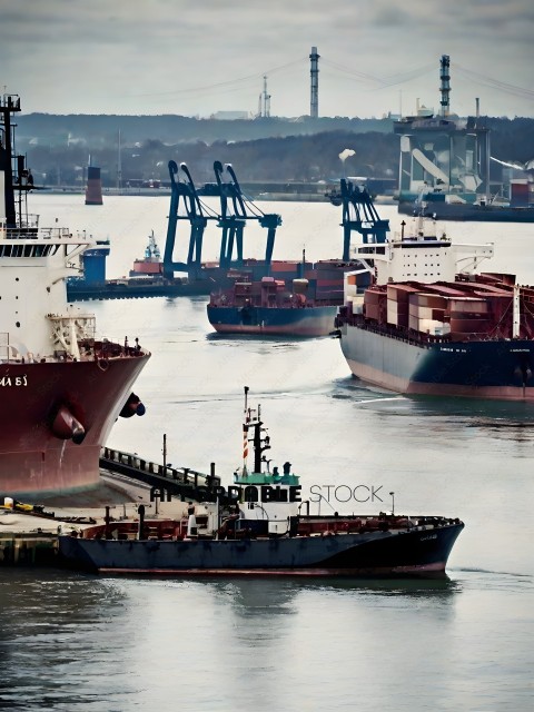 A large ship is docked at a harbor with other ships