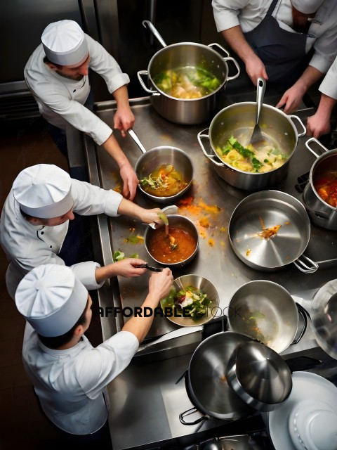 Chefs in a commercial kitchen preparing food