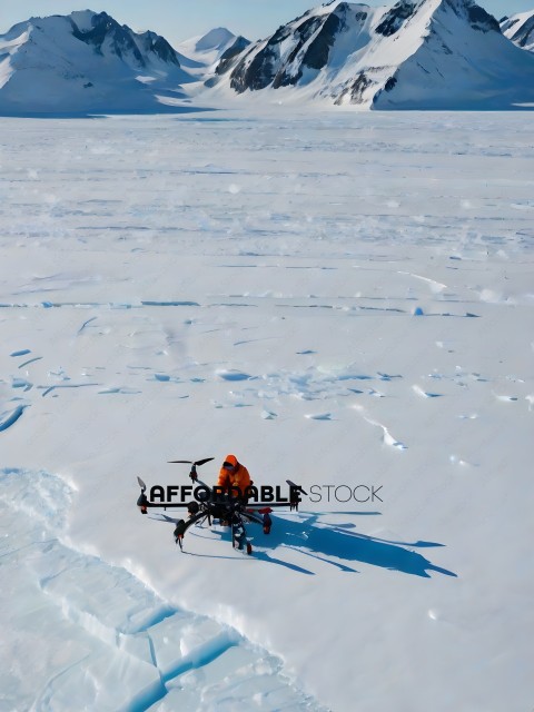 A person in an orange coat is flying a drone in the snow