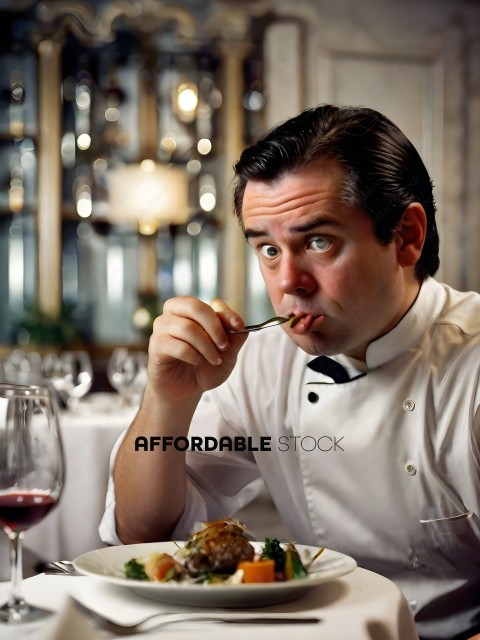 A chef eating a meal in a restaurant