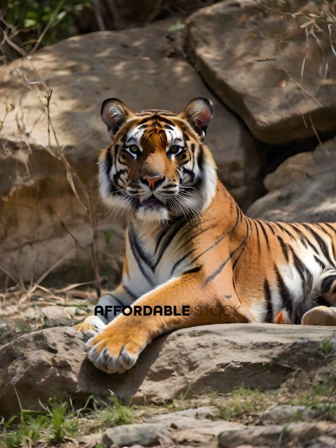A tiger is sitting on a rock