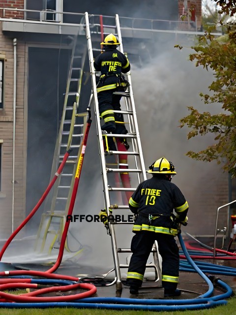 Firefighters on a ladder, hose connected to a fire hydrant