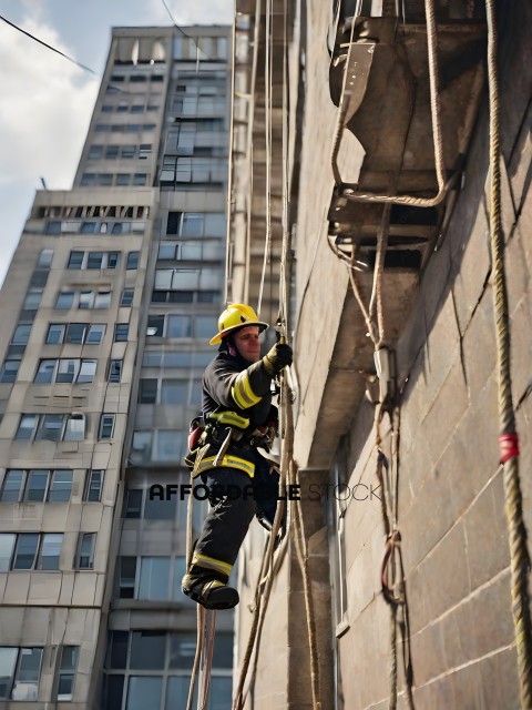 Fireman climbing up a building