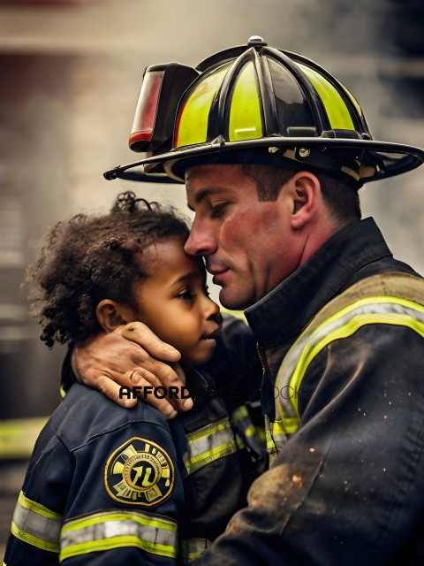 Firefighter hugging child