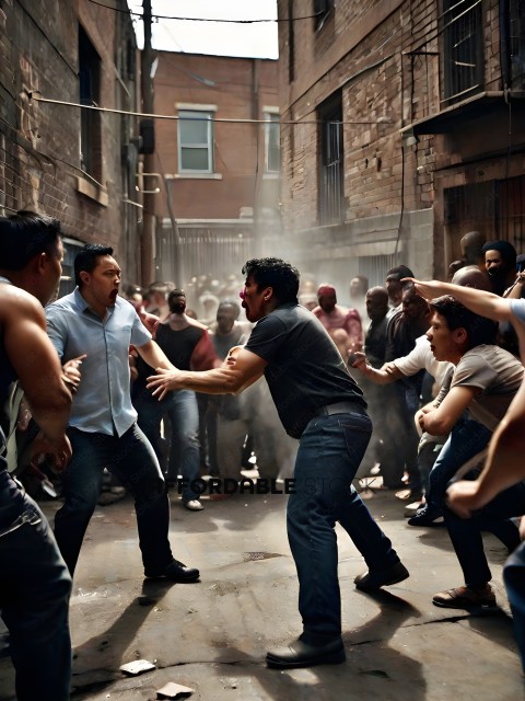 Two men fighting in a crowd of people
