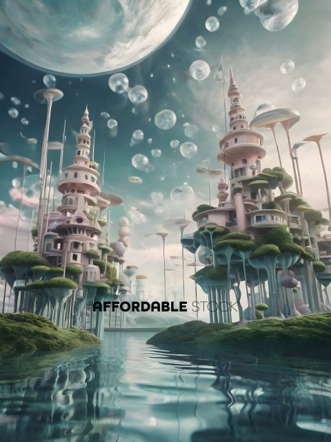 A fantasy world with floating buildings and mushrooms