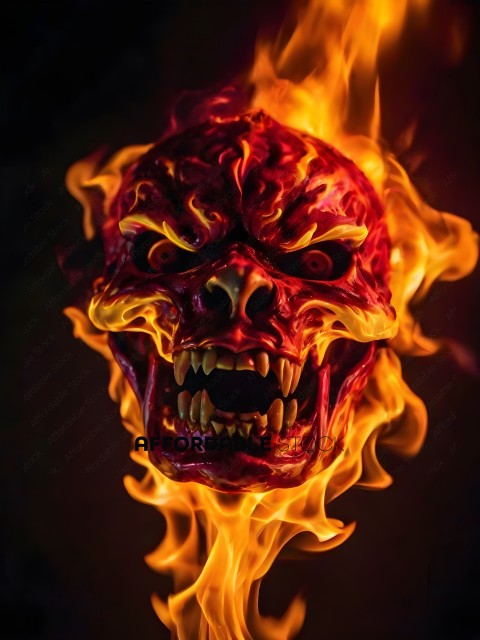 A close up of a demonic face with flames