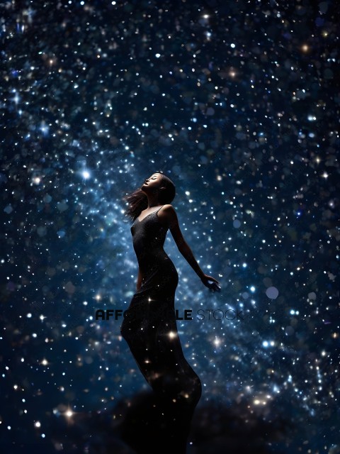 A woman in a black dress stands in front of a starry sky