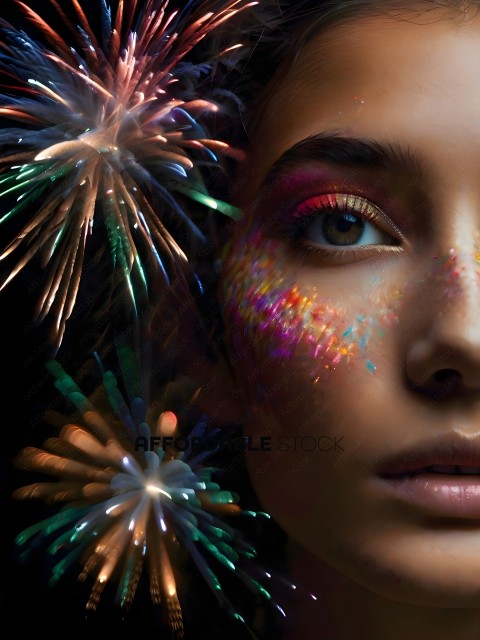 A woman with face paint and fireworks in the background