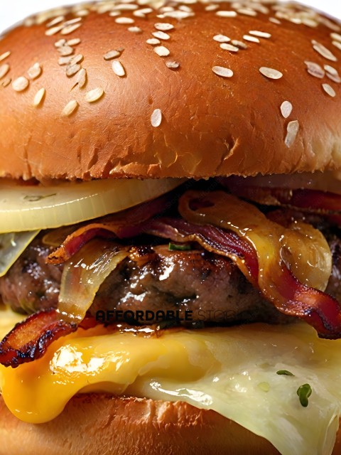 A close up of a hamburger with cheese, bacon, and onions