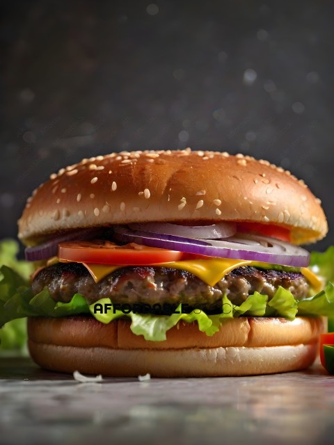 A burger with lettuce, tomato, and onion