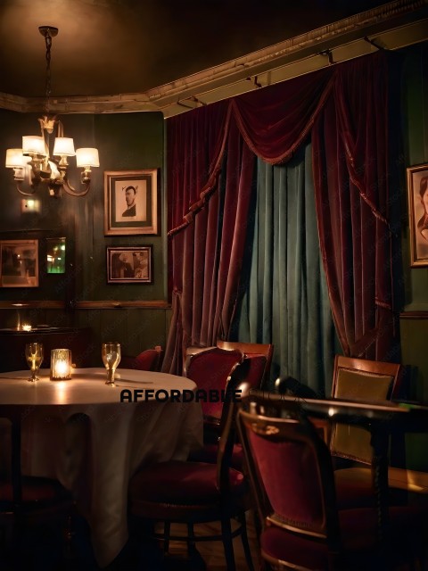 A dimly lit restaurant with red velvet curtains