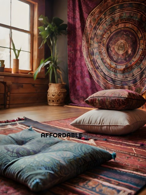 A colorful rug with pillows on it