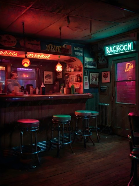 A bar with a neon sign that says "backroom"