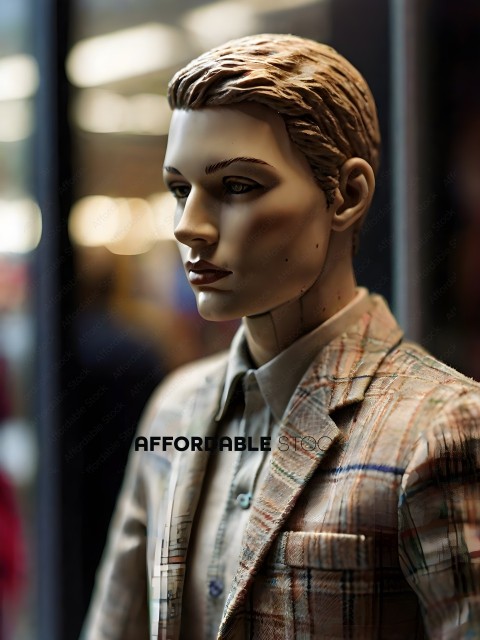 A mannequin wearing a suit and tie