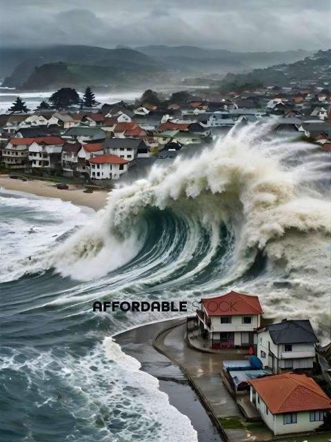 A large wave crashing into a small town