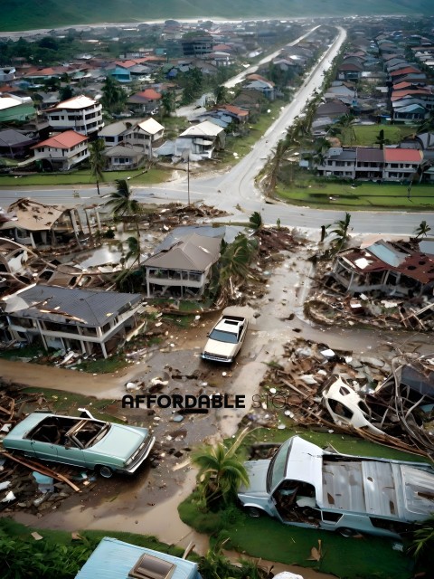A destroyed neighborhood with a car and truck