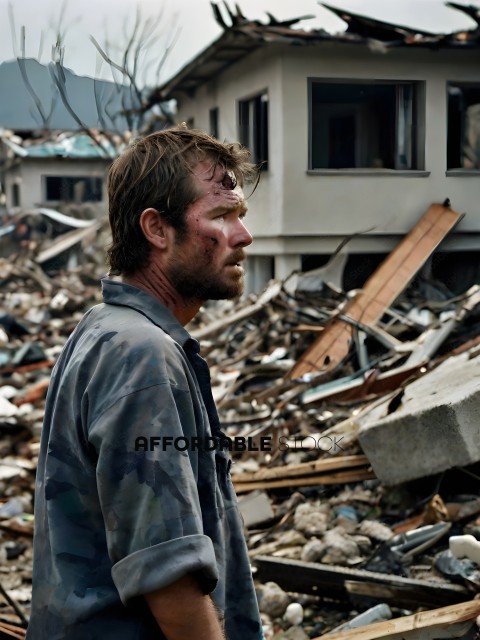 A man standing in a destroyed area