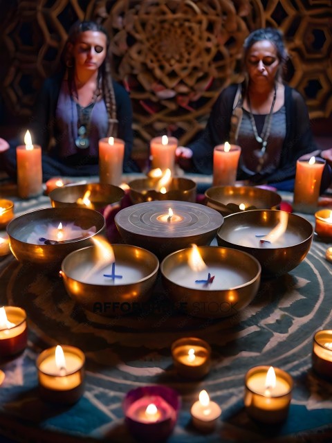 Two women meditate with candles in a circle