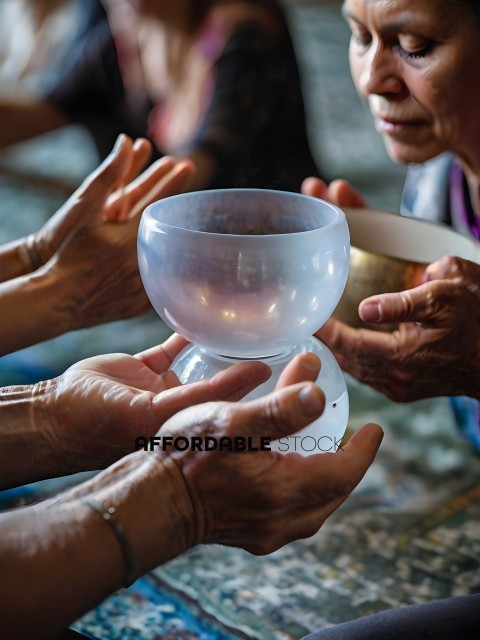 A group of people are holding a glass bowl