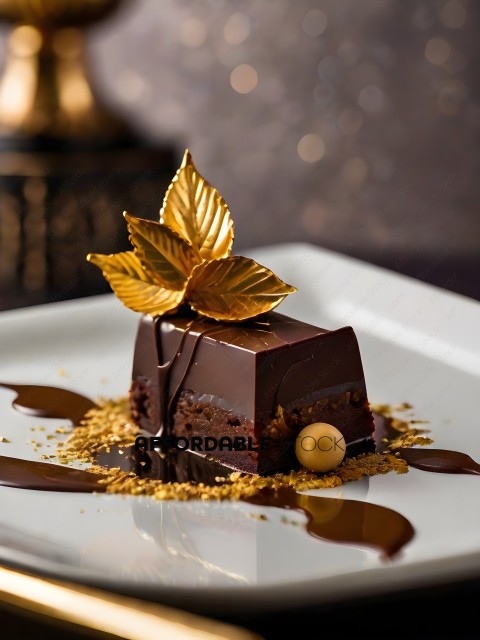 A chocolate dessert with a gold leaf on top