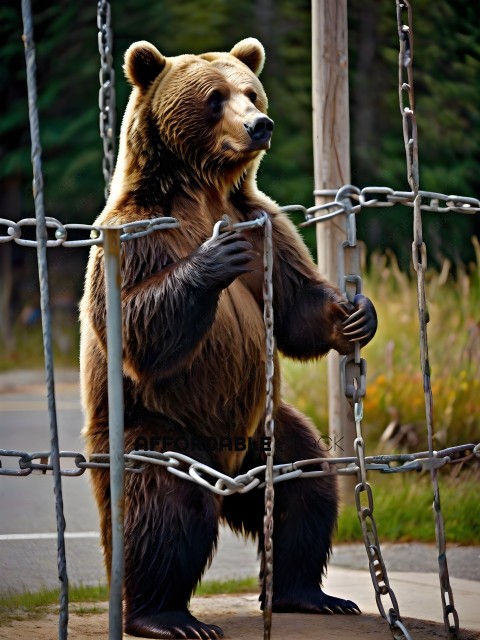 A bear in a cage with chains