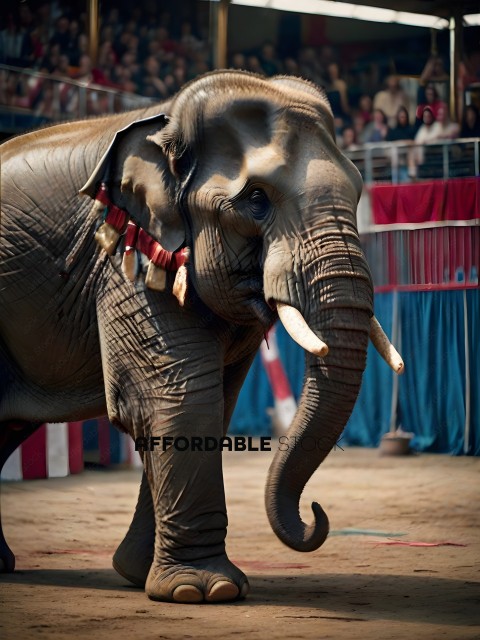 Elephant with red collar and tusks in a circus ring