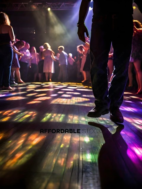 A man in a dark shirt and jeans is standing on a dance floor