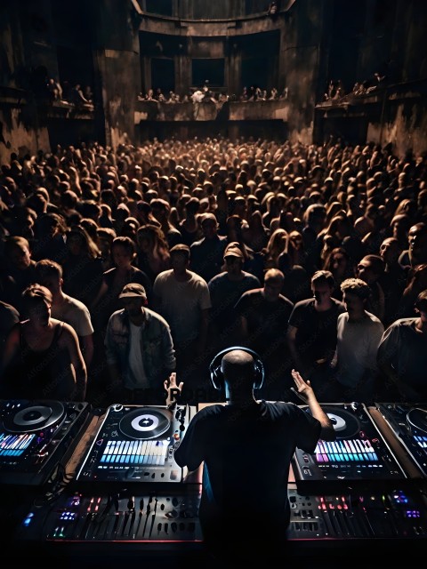 A DJ in a large crowd with a turntable