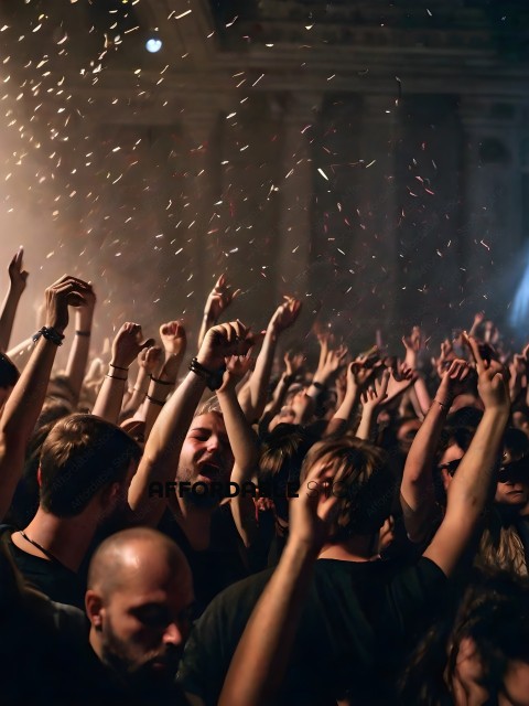 A crowd of people with their hands raised in the air