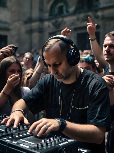 Man wearing headphones and black shirt playing music for a crowd