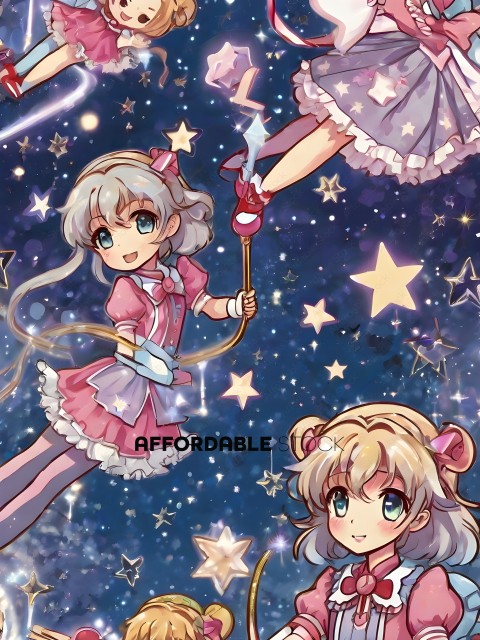 Two girls in pink dresses are flying in the sky