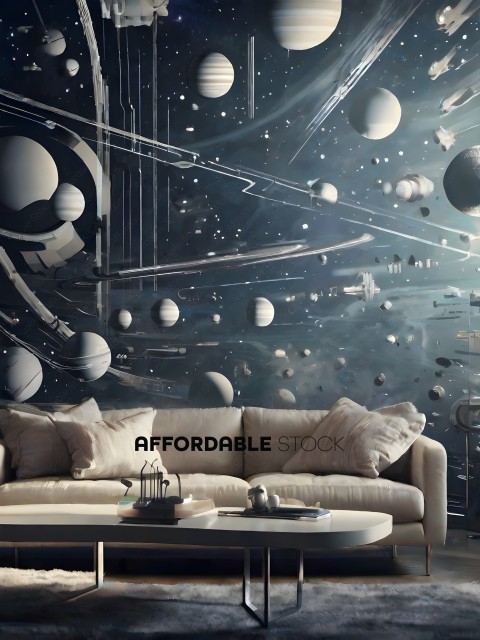 A futuristic wall mural with a couch and table in front of it