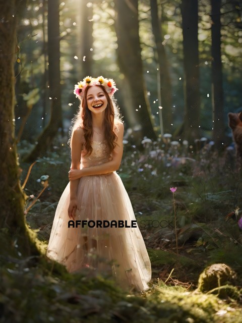 A girl in a dress smiles in a forest