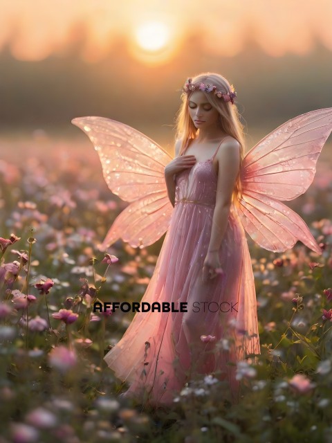 A fairy in a pink dress stands in a field of flowers