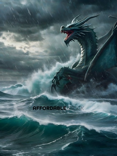 A dragon in the ocean with a storm in the background