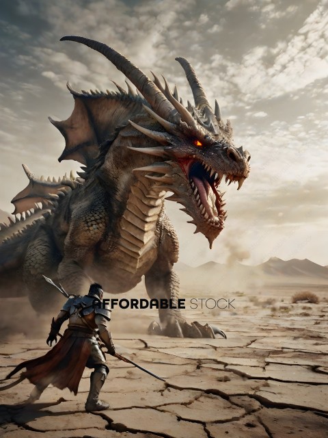 A man with a sword facing a dragon